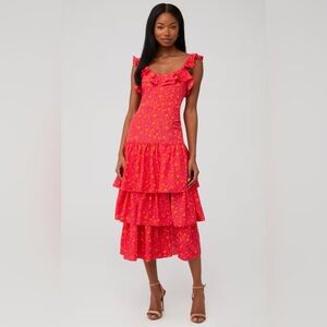 Likely Janie Floral Tiered Dress Pink Orange Ruffle High Low NWT Size 00